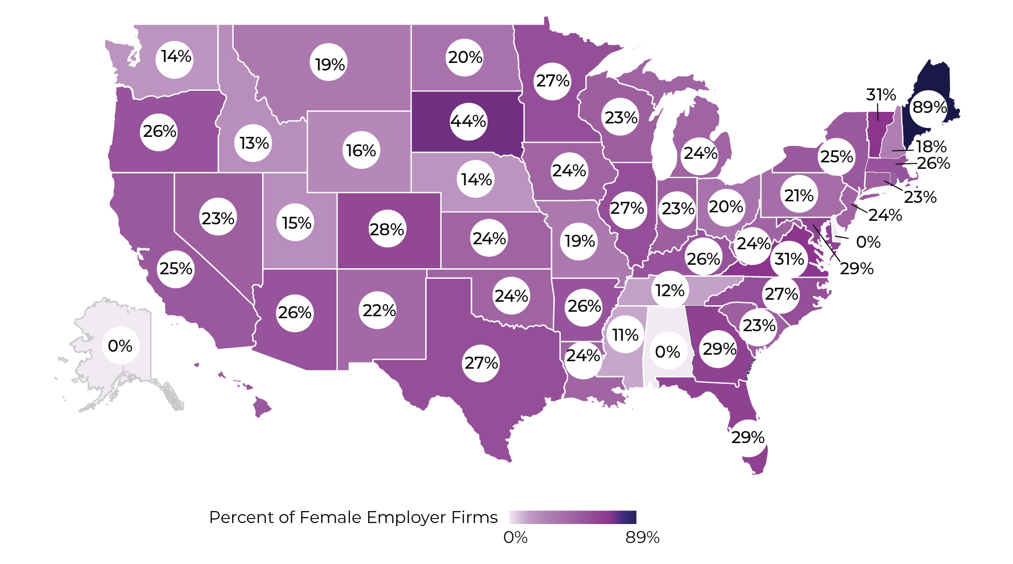 Figure 12. Percent of STEM Female Employer Firms by State (2019)